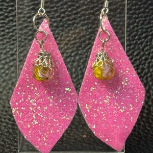 Pink glitter faux leather earrings